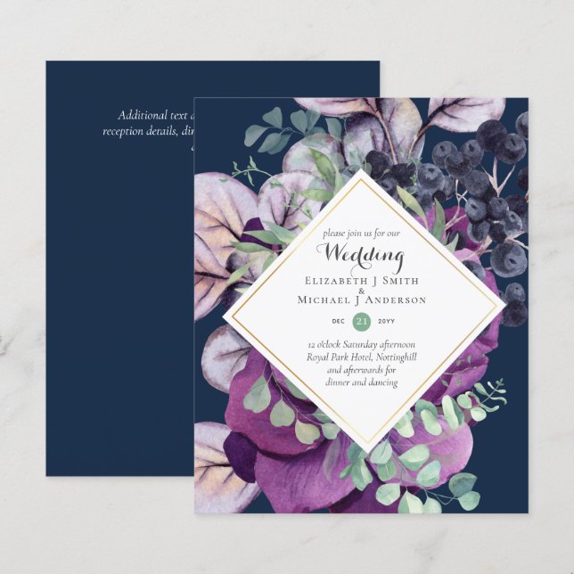 Papier BUDGET Purple Bleu Floral Invitations de mariage (Devant / Derrière)