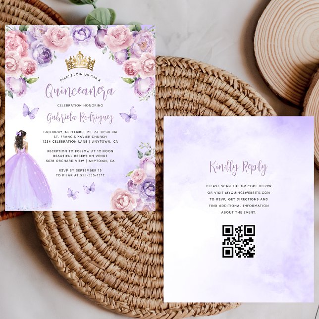 Papier Budget Purple Blush Floral QR Code Quinceañera (Créateur téléchargé)