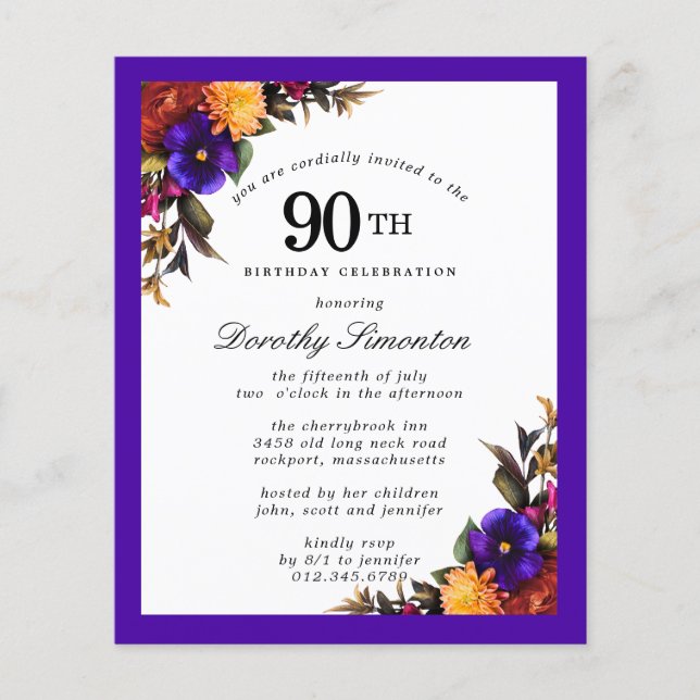 Papier BUDGET Purple Bourgogne Floral 90e anniversaire In (Devant)