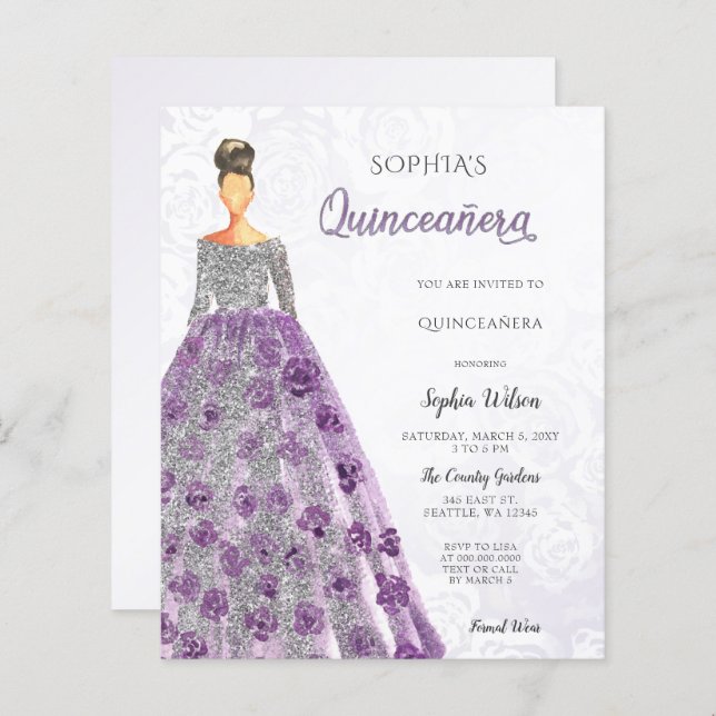 Papier Budget Purple Éperche Robe Quinceanera Invitation (Devant / Derrière)