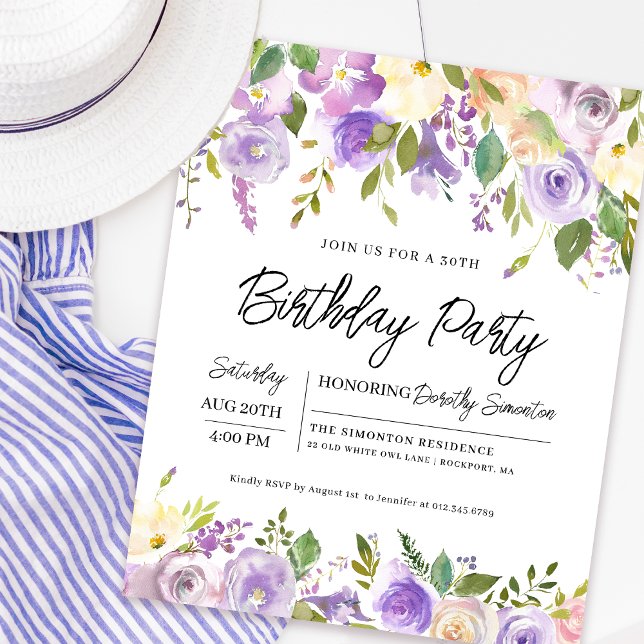Papier Budget Purple Floral 30e anniversaire Invitation (Matching welcome sign and party supplies available. Message me for help finding them. )