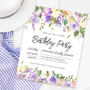 Papier Budget Purple Floral Invitation 100e anniversaire