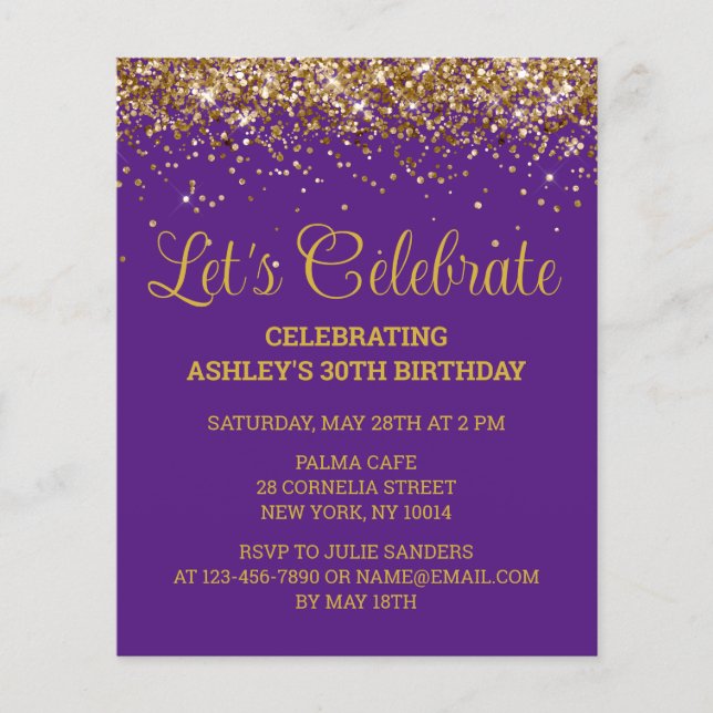 Papier Budget Purple Gold 30th Birthday Party Invitation (Devant)