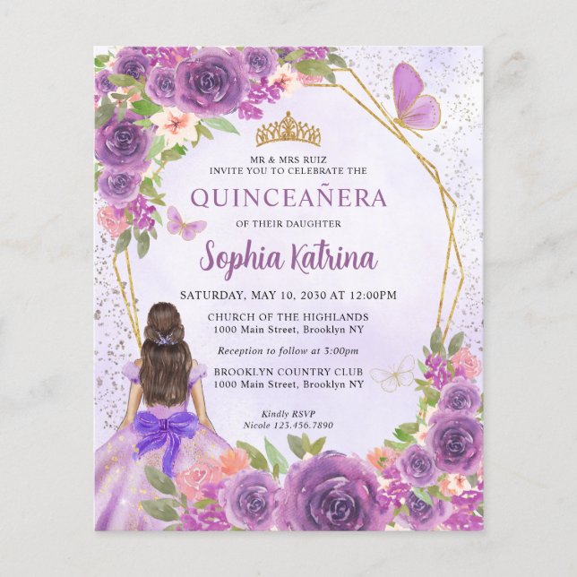 Papier Budget Purple Gold Floral Princess Quinceañera (Devant)