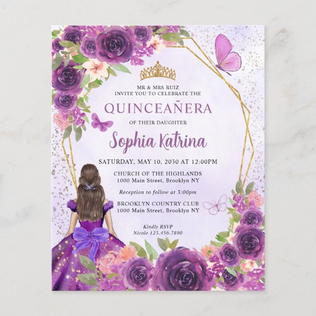 Papier Budget Purple Gold Floral Princess Quinceañera (Devant)