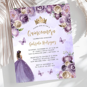 Papier Budget Purple Or ivoire Floral Quinceañera Invitat