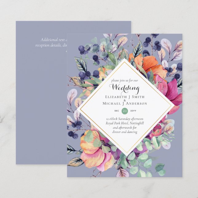 Papier BUDGET Purple Orange Floral Invitations de mariage (Devant / Derrière)