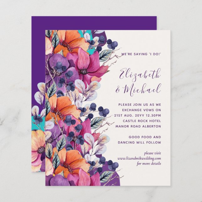 Papier BUDGET Purple Orange Floral Mariage Inviter (Devant / Derrière)