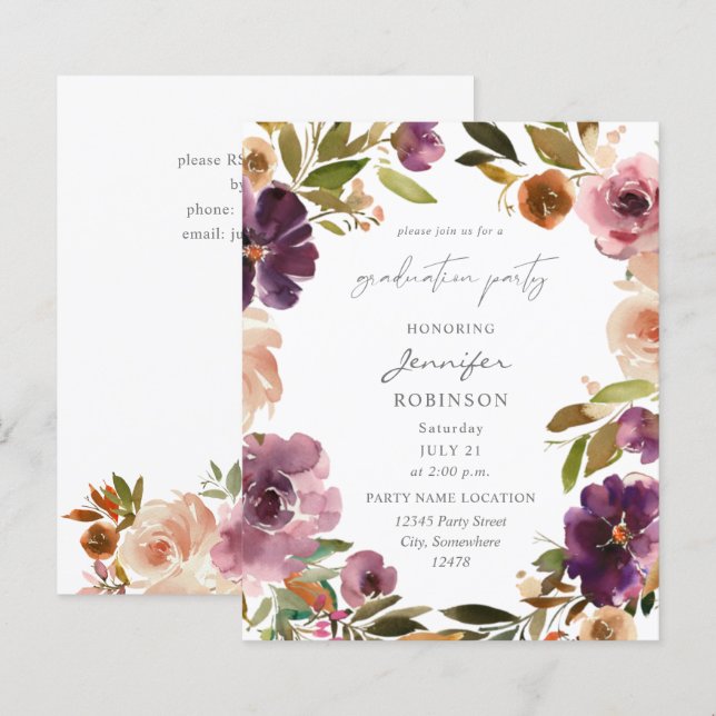 Papier Budget Purple & Pink Floral Graduation Party (Devant / Derrière)