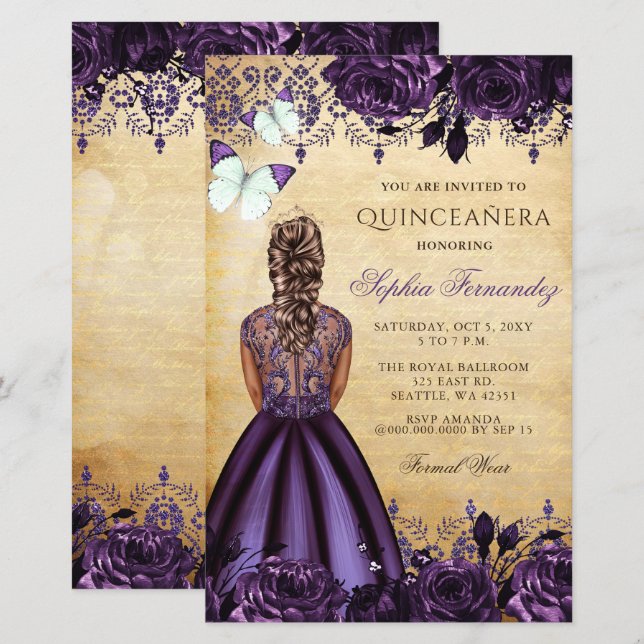 Papier Budget Purple Princesse Quinceañera Invitation (Devant / Derrière)