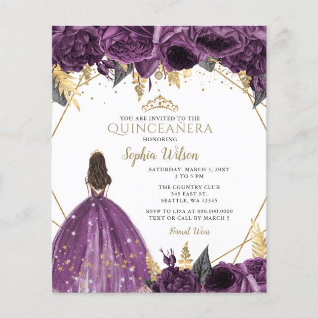 Papier Budget Purple Princesse Quinceañera Invitation (Devant)