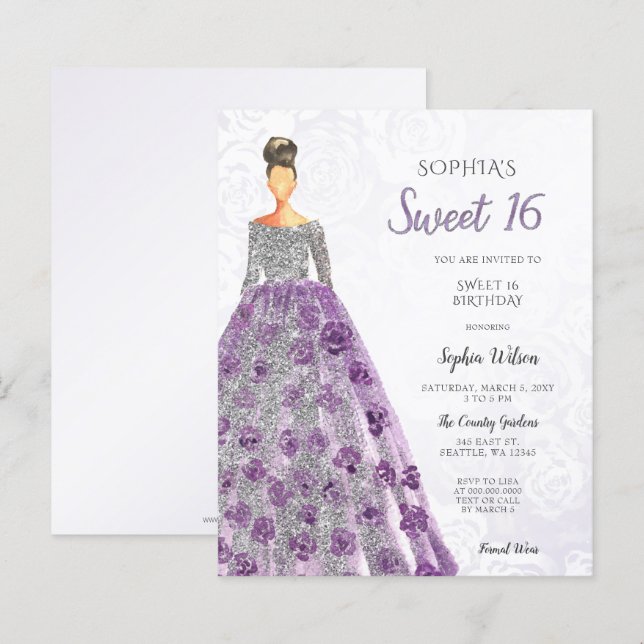 Papier Budget Purple Robe Étincelle Douce 16 Invitation (Devant / Derrière)
