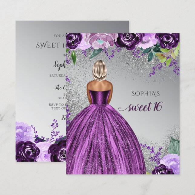 Papier Budget Purple Robe Étincelle Douce 16 Invitation (Devant / Derrière)