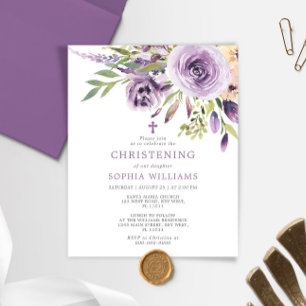 Papier Budget Purple Rose Floral Christening Invitation