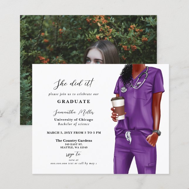 Papier Budget Purple Scrubs Infirmière Photo Invitation (Devant / Derrière)