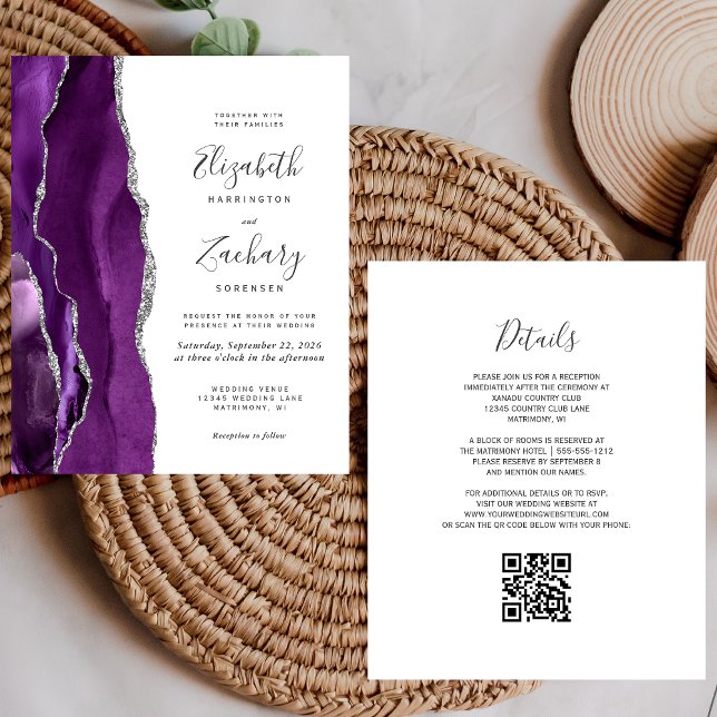 Papier Budget Purple Silver Agate QR Code Mariage Invitat (Créateur téléchargé)