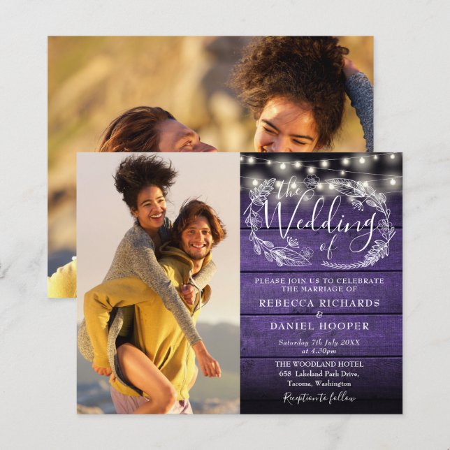 Papier Budget Purple String Lights 2 Photo Wedding Invita (Devant / Derrière)