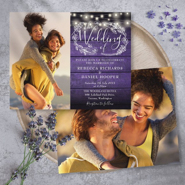 Papier Budget Purple String Lights 2 Photo Wedding Invita (Budget Purple String Lights 2 Photo Wedding Invite)