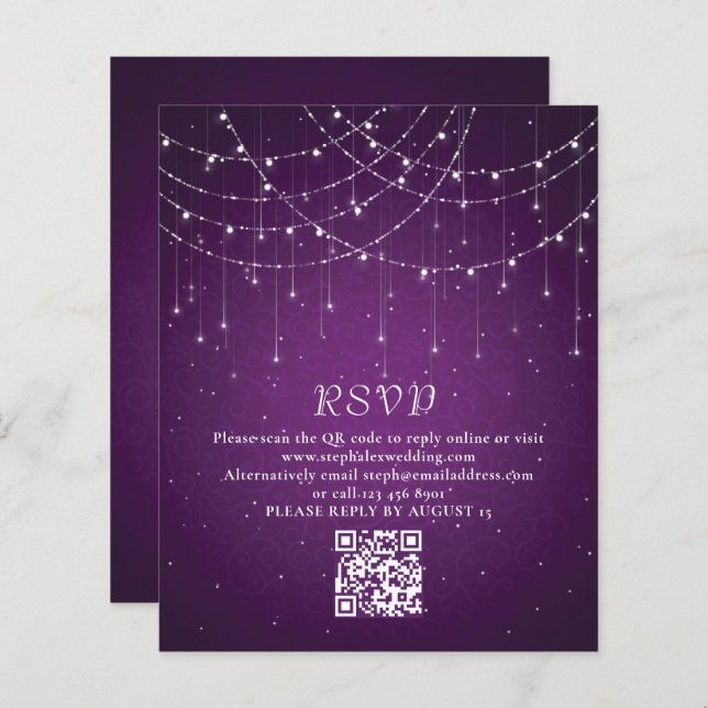 Papier Budget Purple String Lights QR Code Wedding RSVP (Devant / Derrière)