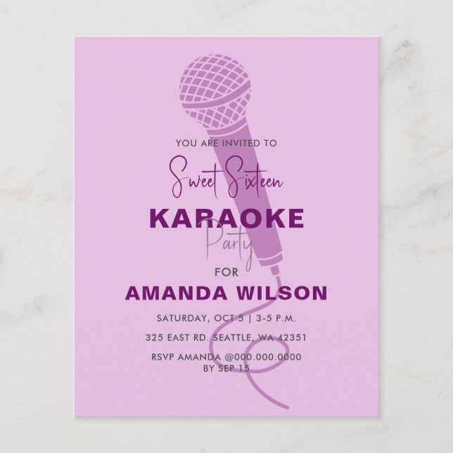 Papier Budget Purple Sweet 16 Karaoke Party Invitation (Devant)