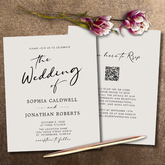 Papier Budget QR Code Calligraphy Eggshell Mariage Invita (Wedding Invitation Budget QR Code RSVP Modern Calligraphy Eggshell)