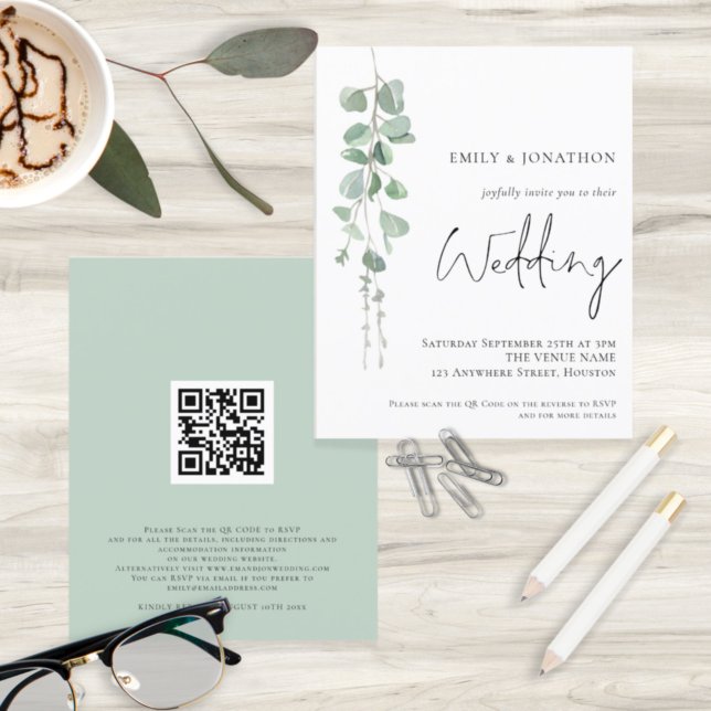 Papier Budget QR Code Eucalyptus Faire-part de mariage (Front and back view)