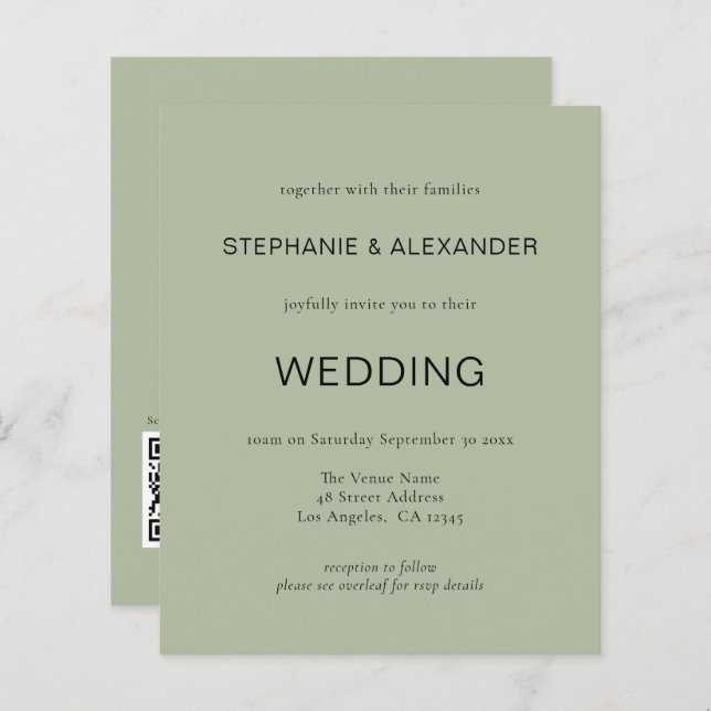 Papier Budget QR Code Sage Green Wedding Invitation (Devant / Derrière)