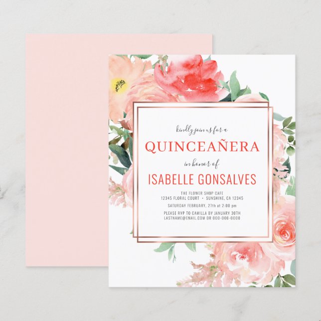 Papier Budget QUINCEAÑERA Anniversaire Pêche Corail Invit (Devant / Derrière)