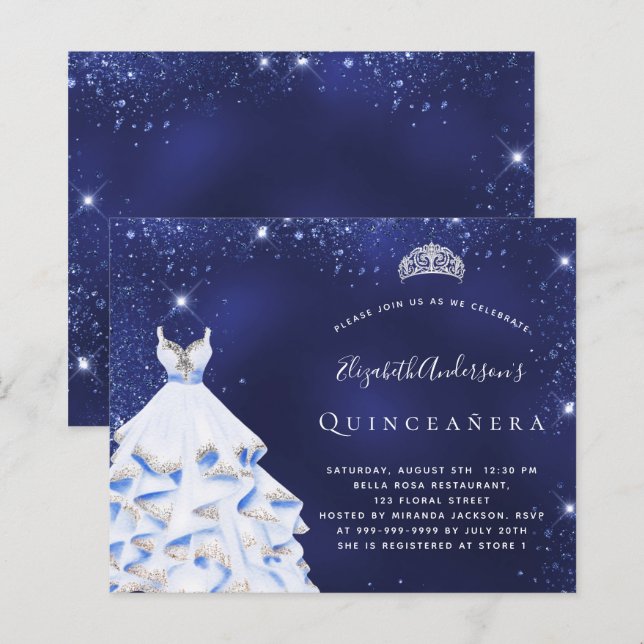 Papier Budget Quinceanera bleu argent tiara invitation (Devant / Derrière)