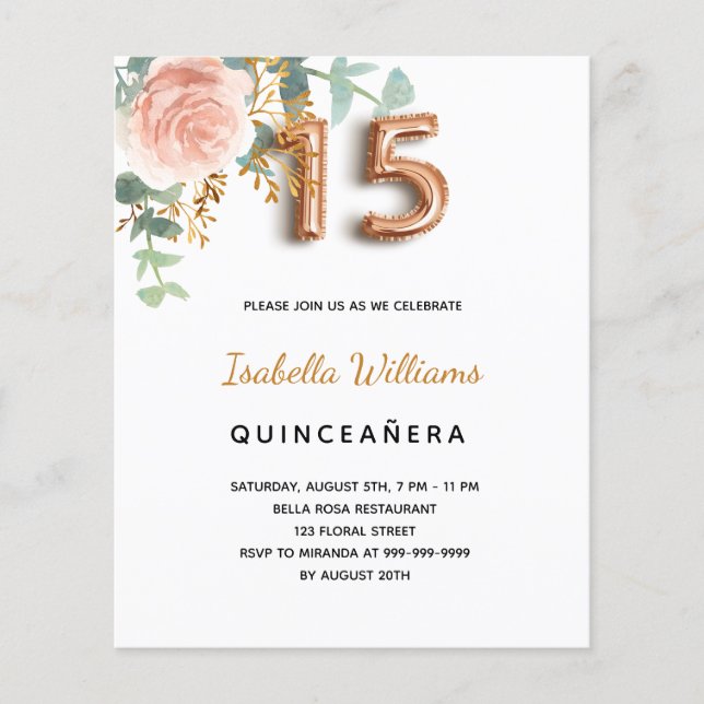 Papier Budget Quinceanera floral rose or eucalyptus (Devant)