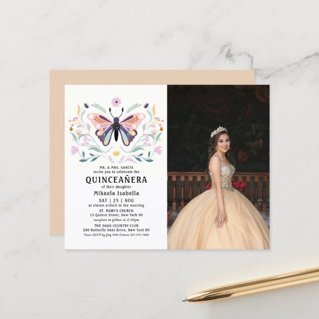Papier Budget Quinceañera Gold Butterfly Photo Floral (Devant/Arrière en situation)