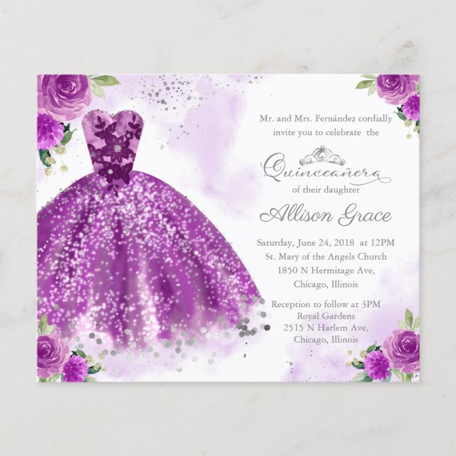 Papier Budget Quinceanera Invitation Argent Purple Gown (Devant)
