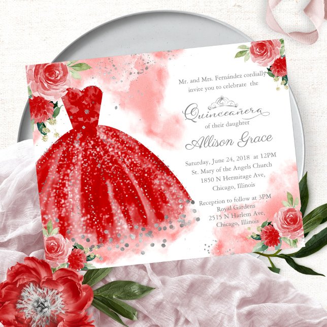 Papier Budget Quinceanera Invitation Argent Red Gown (Créateur téléchargé)