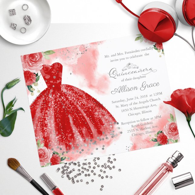 Papier Budget Quinceanera Invitation Argent Red Gown (Créateur téléchargé)