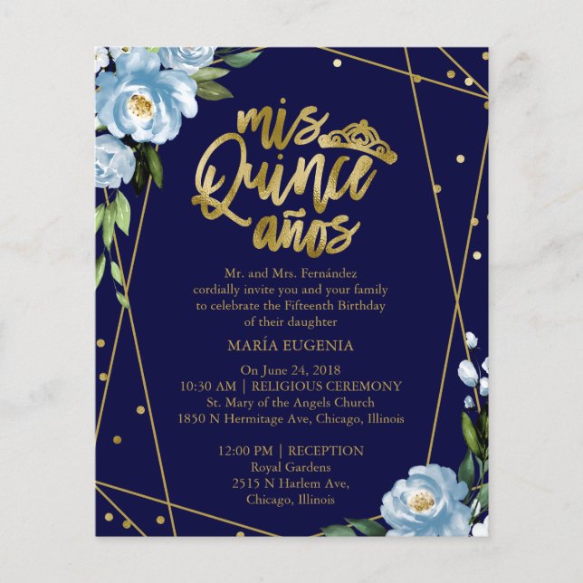 Papier Budget Quinceanera Invitation Bilingue Bleu foncé (Devant)
