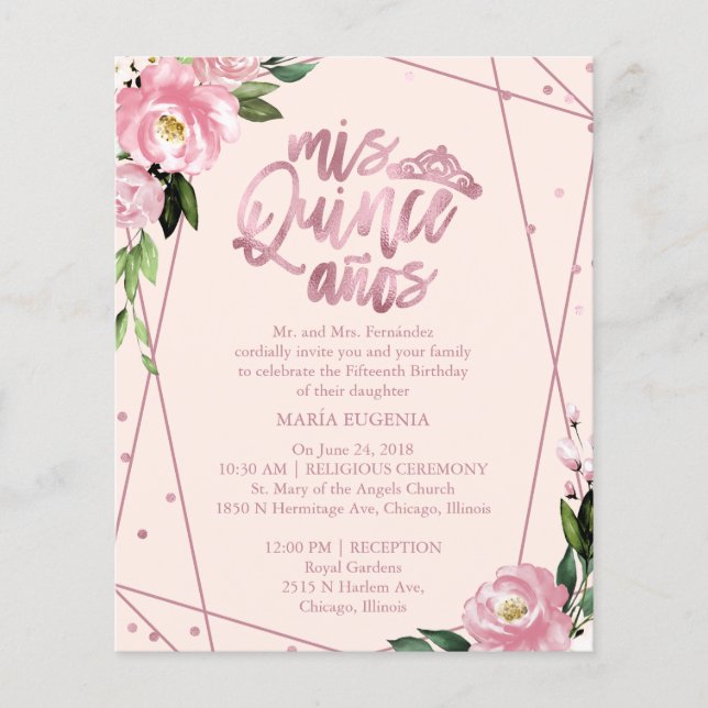 Papier Budget Quinceanera Invitation Bilingue Blush Pink (Devant)