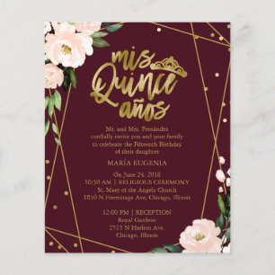 Papier Budget Quinceanera Invitation Bilingue Bourgogne