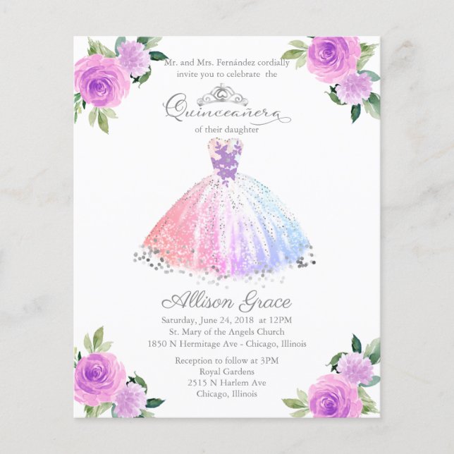 Papier Budget Quinceanera Invitation Bilingue Colorée (Devant)