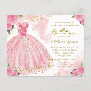 Papier Budget Quinceanera Invitation Bilingue Pink Gown