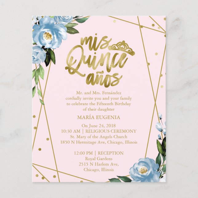 Papier Budget Quinceanera Invitation Bilingue Rose Bleu (Devant)