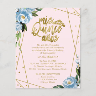 Papier Budget Quinceanera Invitation Bilingue Rose Bleu
