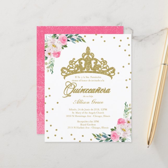 Papier Budget Quinceanera Invitation Espagnol Gold Tiara (Devant/Arrière en situation)