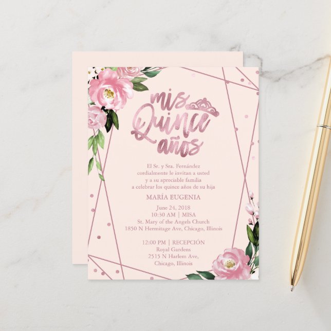 Papier Budget Quinceanera Invitation Espagnol Rose Blush (Devant/Arrière en situation)
