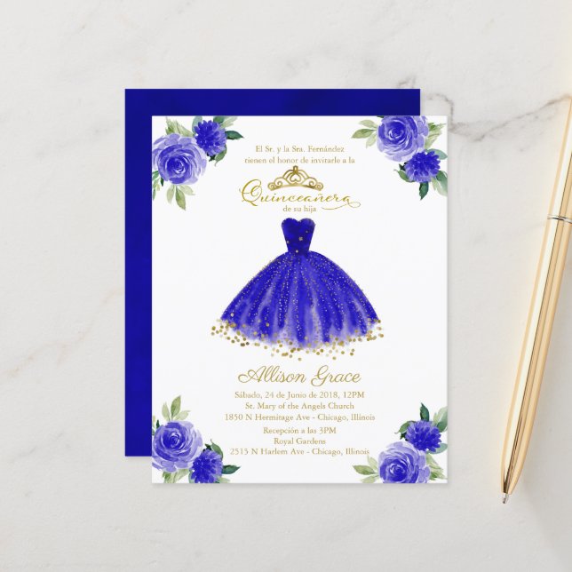 Papier Budget Quinceanera Invitation Espagnol Royal Blue (Devant/Arrière en situation)