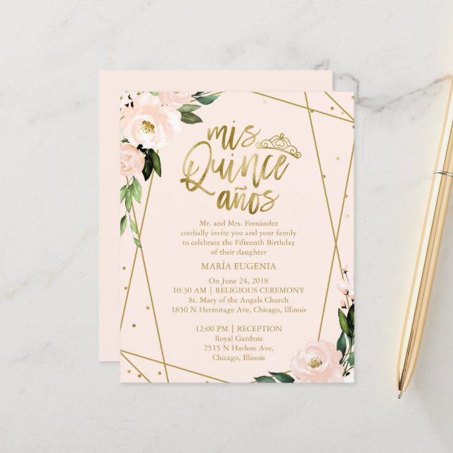 Papier Budget Quinceanera Invitation Gold Foil Blush Rose (Devant/Arrière en situation)