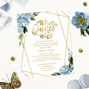 Papier Budget Quinceanera Invitation Gold Foil Dusty Blue