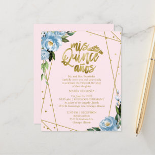 Papier Budget Quinceanera Invitation Gold Foil Rose Bleu