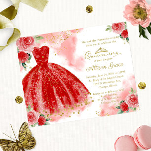 Papier Budget Quinceanera Invitation Gold Red Gown