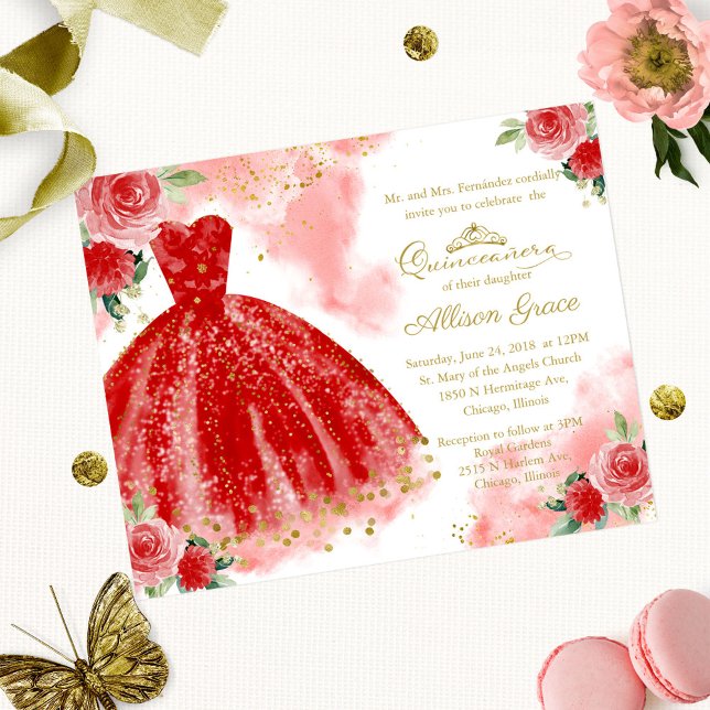 Papier Budget Quinceanera Invitation Gold Red Gown (Créateur téléchargé)