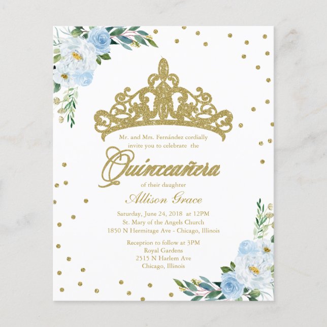 Papier Budget Quinceanera Invitation Gold Tiara (Devant)